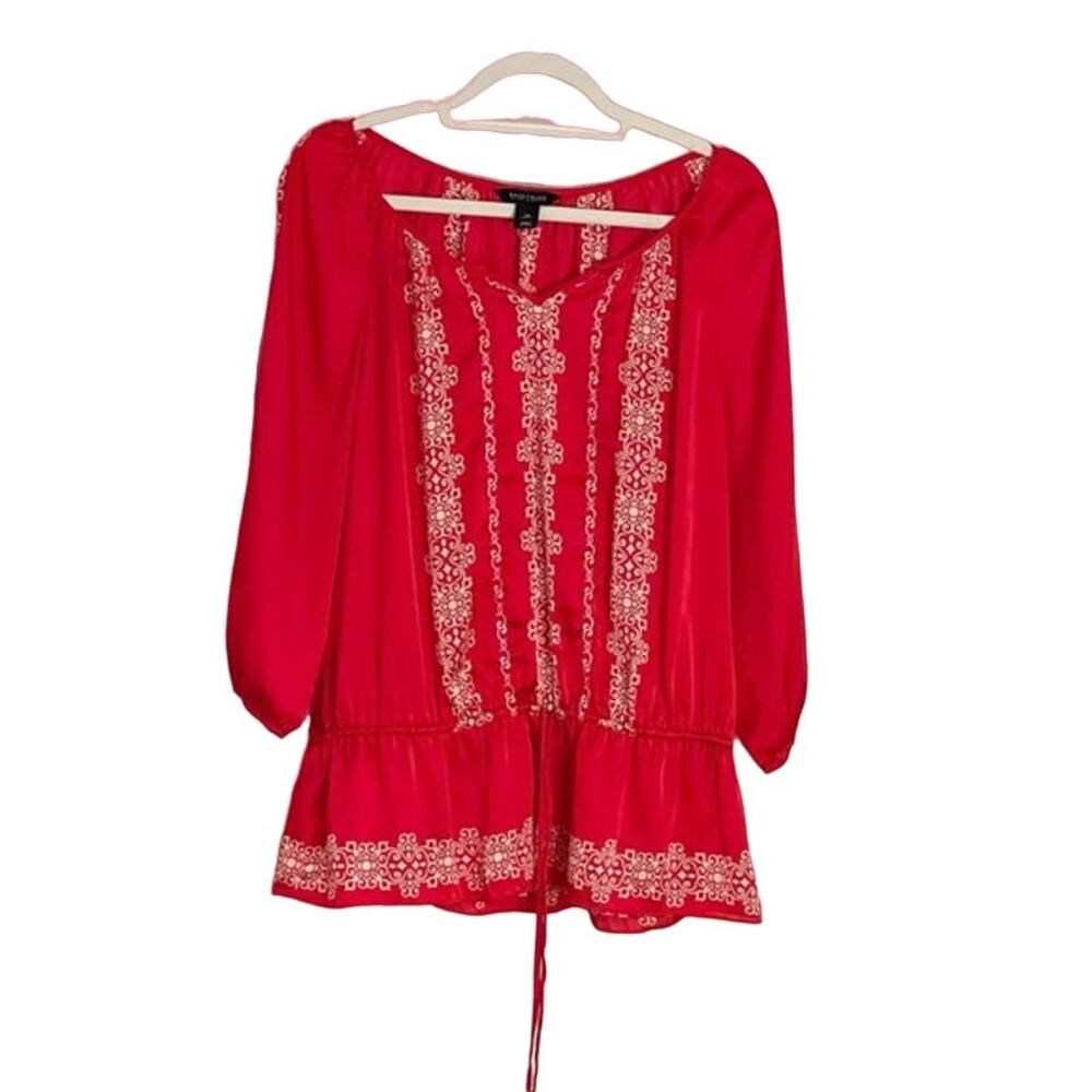 WHBM Red Embroidered Silky Peplum Blouse Size 8 - Picture 3 of 8